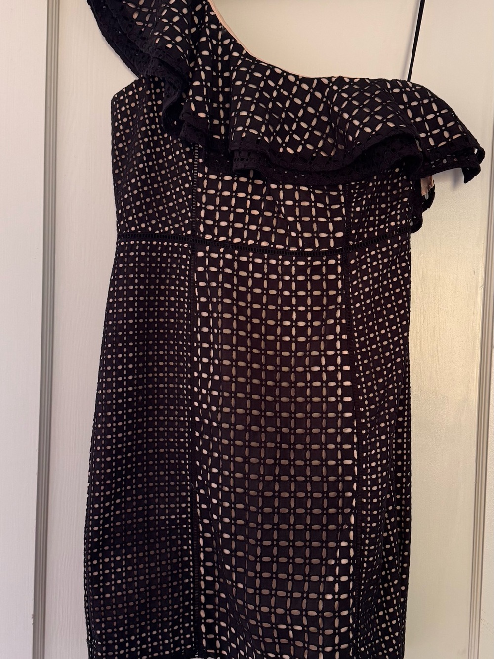 J. Crew Black One-Shoulder Ruffle Grid Dress